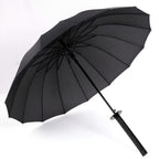 Parapluie à Manche Épée de Samouraï Créatif - Parapluie Pliant Coupe-Vent à 16 Nervures, Ouverture\u002FFermeture Semi-Automatique, Dôme Durable en 190T & Cadre en Fibre de Verre, Portable pour Voyage & Cadeau d'Anniversaire, Noir Élégant, Design Compact