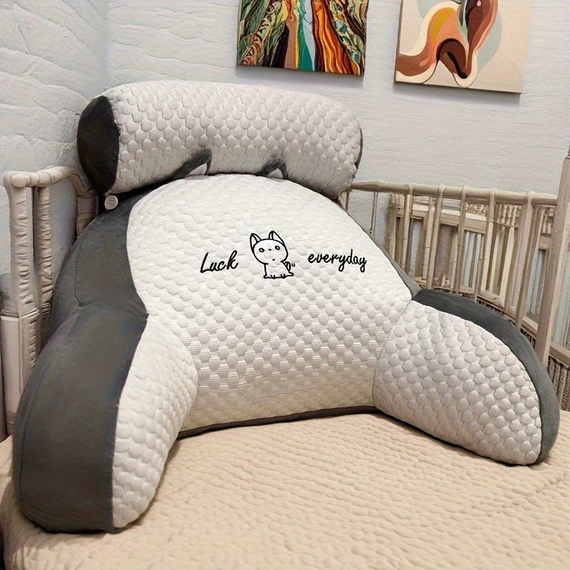 Oreiller de lecture ergonomique 1 pièce avec support lombaire réglable | Coussin moelleux pour lit, canapé, chaise | Tissu en polyester respirant | Design matelassé gris et blanc avec broderie \