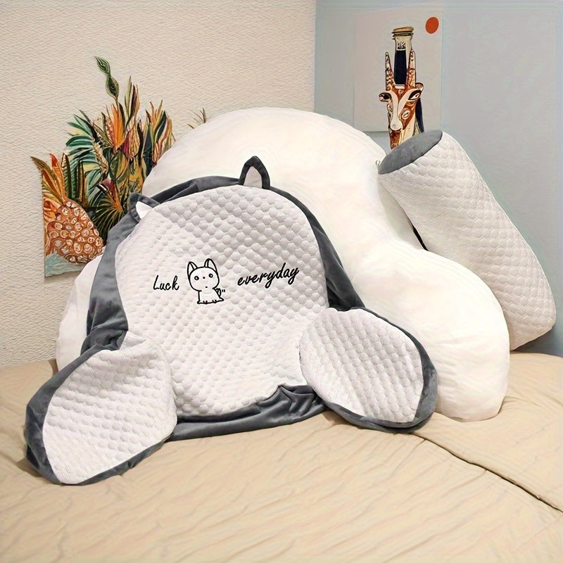 Oreiller de lecture ergonomique 1 pièce avec support lombaire réglable | Coussin moelleux pour lit, canapé, chaise | Tissu en polyester respirant | Design matelassé gris et blanc avec broderie \