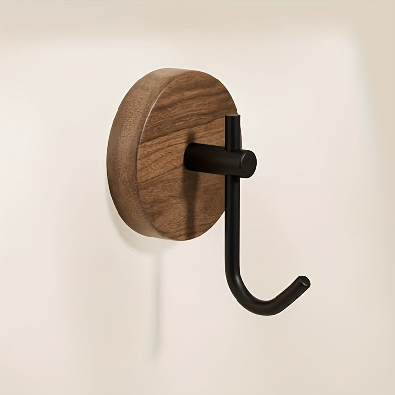 Lot de 4 Crochets Muraux en Bois Moderne avec Bras Métalliques Noirs, Cintres Adhésifs Sans Perçage pour Cuisine et Salle de Bain, Style Contemporain, Finition Bois Naturel, Design Épuré Noir, Parfait pour l'Organisation des Serviettes et Accessoires