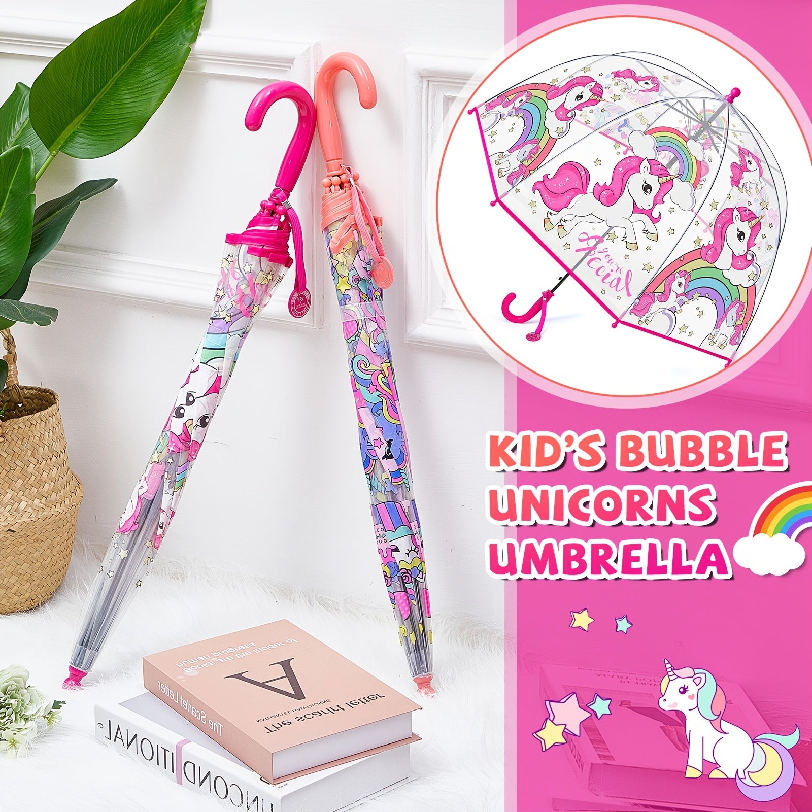 2pcs Parapluies à Bulles Licorne, Ouverture Automatique, 8 Barres, Manche en Fibre de Carbone & PE, Auvent en PVC Hydrofuge, Manche Courbé Facile à Tenir pour Garçons et Filles