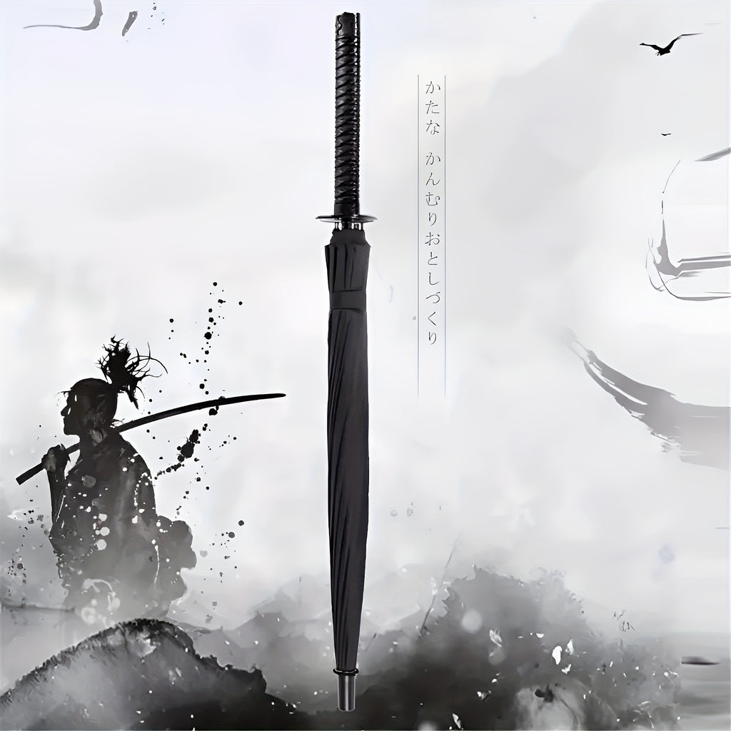 Parapluie à Manche Épée de Samouraï Créatif - Parapluie Pliant Coupe-Vent à 16 Nervures, Ouverture\u002FFermeture Semi-Automatique, Dôme Durable en 190T & Cadre en Fibre de Verre, Portable pour Voyage & Cadeau d'Anniversaire, Noir Élégant, Design Compact