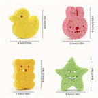 4pcs Adorable Cartoon Animal Bath Sponges - Éponge à langer douce et délicate pour exfolier le visage et le corps, avec des motifs d'ours, de lapin, d'étoile et de canard, accessoire de bain