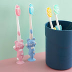 4 brosses à dents souples à tête petite - Motifs ours et lapin, soies fines, 4 couleurs macaron