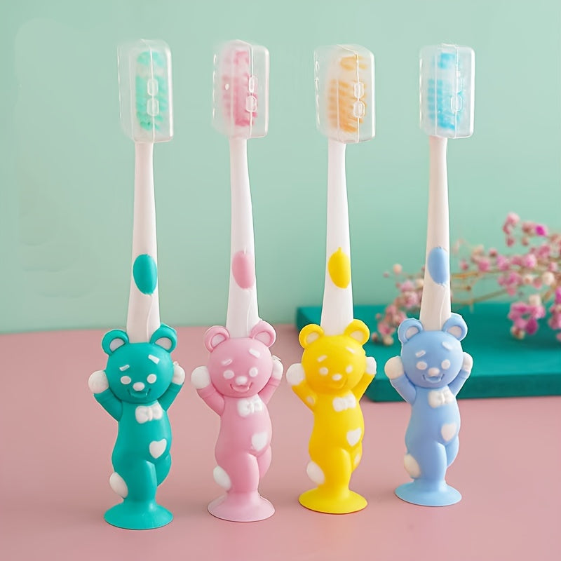 4 brosses à dents souples à tête petite - Motifs ours et lapin, soies fines, 4 couleurs macaron